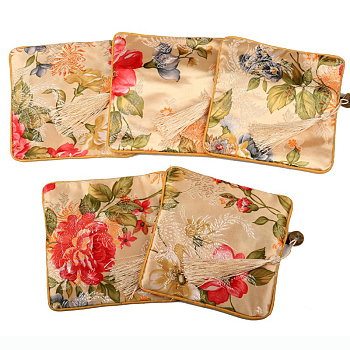 Retro Square Cloth Zipper Pouches, with Tassel and  Flower Pattern, Moccasin, 11.5x11.5cm
