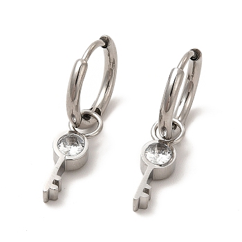 Crystal Rhinestone Skeleton Key Dangle Hoop Earrings, 304 Stainless Steel Jewelry for Women, Stainless Steel Color, 27mm, Pin: 0.9mm