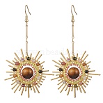 Natural Tourmaline & Tiger Eye Dangle Earrings, with Brass Links and 304 Stainless Steel Earring Hooks, Sun, Golden, 82x44mm(EJEW-MZ00237)