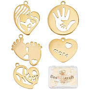 Beebeecraft 10Pcs 5 Style Mother's Day 304 Stainless Steel Pendants, Heart with Woman & Child & Flat Round with Palm, Real 18K Gold Plated, 18~25x17~21.5x1.5mm, Hole: 1.6~2mm, 2pcs/style(STAS-BBC0001-26)