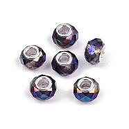 Transparent Glass European Beads, Large Hole Beads, with Brass Cores, AB Color Plated, Faceted, Rondelle, Purple, 13.5~14x9~9.5mm, Hole: 5mm(GPDL-N004-D14mm-A16)