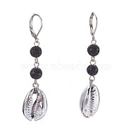 Natural Lava Rock Leverback Earrings, Faceted, with Sea Shell Beads, Iron Eye Pin and Brass Leverback Earring Findings, 57~60mm, Pendant: 18~19x13~13.5x6~7mm(EJEW-JE02819-01)