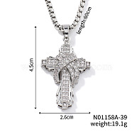 Brass Clear Cubic Zirconia Cross Pendant Box Chain Necklaces Fashionable and Versatile Jewelry Accessory, Platinum, 23.62 inch(60cm)(OF9377-1)