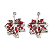 304 Stainless Steel Pendants, with Siam Rhinestone, Leaf Charms, Stainless Steel Color, 18x13.5x2mm, Hole: 1.6mm(STAS-L022-158P)