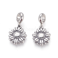 304 Stainless Steel European Dangle Charms, Large Hole Pendants, Daisy, Antique Silver, 28.5mm, Hole: 5mm, Pendant: 17.5x15x3mm(STAS-P217-10AS)