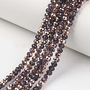 Electroplate Transparent Glass Beads Strands, Half Copper Plated, Faceted, Rondelle, Coconut Brown, 3x2mm, Hole: 0.8mm, about 150~155pcs/strand, 15~16 inch(38~40cm)(EGLA-A034-T2mm-N15)