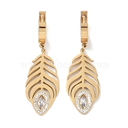 Feather 304 Stainless Steel Polymer Clay Rhinestone Dangle Earrings, Hoop Earrings for Women, Real 18K Gold Plated, 45.5x14mm(EJEW-L283-005G)