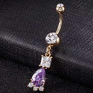 Piercing Jewelry, Brass Cubic Zirconia Navel Ring, Belly Rings, with 304 Stainless Steel Bar, Cadmium Free & Lead Free, Real 18K Gold Plated, teardrop, Purple, 48x9mm, Bar Length: 3/8"(10mm), Bar: 14 Gauge(1.6mm)(AJEW-EE0003-31E)