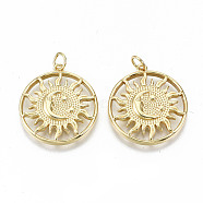 Brass Pendants, with Jump Rings, Nickel Free, Sun with Moon, Real 16K Gold Plated, 24x22x3mm, Jump Ring: 5x0.8mm, 3.4mm inner diameter(KK-S313-16-NF)