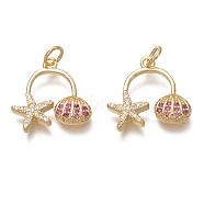 Brass Micro Pave Clear & Medium Violet Red Cubic Zirconia Pendants, with Jump Ring, Long-Lasting Plated, Starfish & Shell Shape, Real 18K Gold Plated, 16x17x3mm, Hole: 3mm(ZIRC-H112-13G)