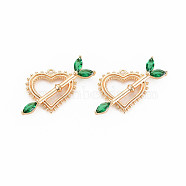 Brass Micro Pave Cubic Zirconia Pendants, Nickel Free, Real 18K Gold Plated, An Arrow Through A Heart, Green, 17x29x3.5mm, Hole: 1.2mm(KK-S364-274C)