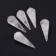 Natural Quartz Crystal Pendants, Rock Crystal Pendants, with Brass Findings, Faceted, 12 Facets Cone/Spike/Pendulum, Platinum, 42~44x15~16mm, Hole: 3.6x4mm(G-Z026-01D-P)