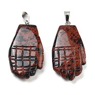 Natural Mahogany Obsidian Carved Pendants, Hand Charms with Platinum Platinum Tone Metal Snap on Bails, 44x23x5mm, Hole: 7x4mm(G-K369-01P-10)