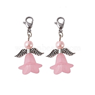 Acrylic Pendants, with Glass Pearl Beads, Iron Findings, 304 Stainless Steel Lobster Claw Clasps and Wing Alloy Beads, Pearl Pink, 41mm(HJEW-TAC0006-07)