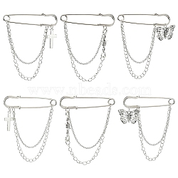 6Pcs 3 Styles Brass Shoe Decoration, with Iron Kilt Pins Brooch Clasps and Alloy Butterfly Cross Pendants, Platinum, 76~78mm, 2pcs/style(HJEW-CJ00068)