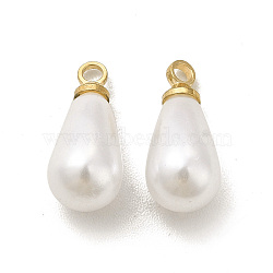 Plastic Imitation Pearl Charms, with Brass Finding, Cadmium Free & Lead Free, Teardrop Charm, Real 24K Gold Plated, 13x5.5mm, Hole: 1.5mm(KK-H442-01G)