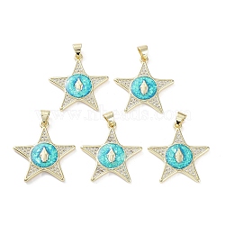 Rack Plating Brass Micro Pave Clear Cubic Zirconia Pendants, with Synthetic Opal, Cadmium Free & Lead Free, Long-Lasting Plated, Real 18K Gold Plated, Flat Round, Star, 25.5x24x2.5mm, Hole: 5.5x3.6mm(KK-C041-06J-G)