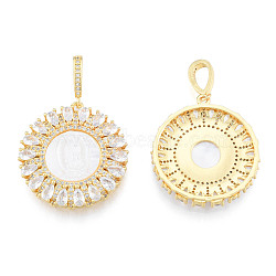 Brass Micro Pave Clear Cubic Zirconia Pendants, with Shell, Nickel Free, Real 18K Gold Plated, Flower with Saint, Creamy White, 32x30x5mm, Hole: 4x8mm(KK-N227-131)