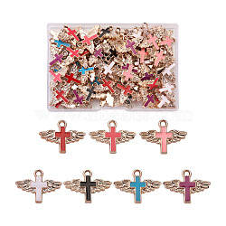 Plastic Enamel Pendants, for Religion, Cross with Wings, Light Gold, Mixed Color, 22x30mm, hole: 3mm, 7 colors, 10pcs/color, 70pcs/box(KY-TA0001-14LG)
