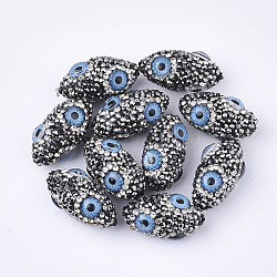 Handmade Polymer Clay Rhinestone Beads, with Resin, Oval with Evil Eye, Black, 26.5~27.5x14~15mm, Hole: 1.2mm(RB-T010-11)