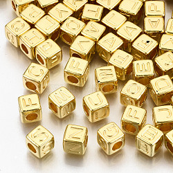 CCB Plastic Beads, Horizontal Hole, Cube with Letter, Golden, 7x7x7mm, Hole: 3.5mm, about 2000pcs/500g(CCB-N004-001A-G)
