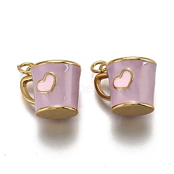 Brass Pendants, with Enamel and Jump Rings, Cup with Heart Pattern, Real 18K Gold Plated, Medium Purple, 14.5x17x13mm, Hole: 3mm(ENAM-I046-01D)