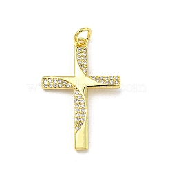 Brass with Cubic Zirconia Pendant, Cross, Real 16K Gold Plated, 28x18x1.8mm(FIND-Z023-08A)
