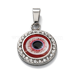 304 Stainless Steel Resin Pendants, with Rhinestone, Flat Round with Eye, Stainless Steel Color, 22x18x5.5mm, Hole: 4x7mm(STAS-G155-01P-A)