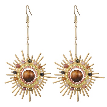 Natural Tourmaline & Tiger Eye Dangle Earrings, with Brass Links and 304 Stainless Steel Earring Hooks, Sun, Golden, 82x44mm