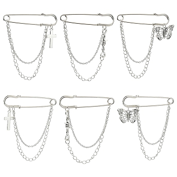 6Pcs 3 Styles Brass Shoe Decoration, with Iron Kilt Pins Brooch Clasps and Alloy Butterfly Cross Pendants, Platinum, 76~78mm, 2pcs/style