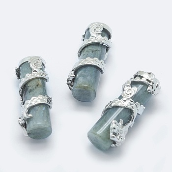 Natural Labradorite Pendants, with Brass Findings, Column with Dragon, Platinum, 40.5~41.5x14x15mm, Hole: 3.5x5mm