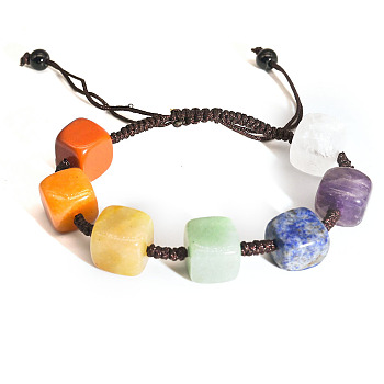 Adjustable Natural Mixed Stone Braided Bead Bracelet, 7 Chakra Theme Bracelet, Cube, 7-7/8 inch(20cm)