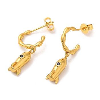 Cubic Zirconia Rocket Dangle Stud Earrings, Rack Plating Brass Half Hoop Earrings for Women, Lead Free & Cadmium Free, Real 18K Gold Plated, 26.5mm