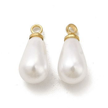 Plastic Imitation Pearl Charms, with Brass Finding, Cadmium Free & Lead Free, Teardrop Charm, Real 24K Gold Plated, 13x5.5mm, Hole: 1.5mm