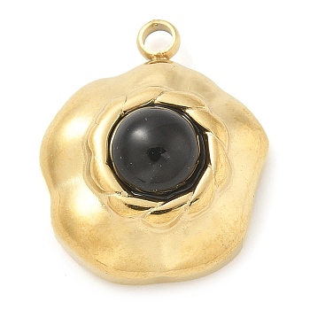 Natural Obsidian Pendants, 304 Stainless Steel Flower Charms, Real 18K Gold Plated, 18x15x7.5mm, Hole: 2mm