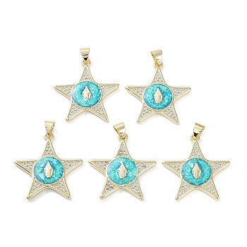 Rack Plating Brass Micro Pave Clear Cubic Zirconia Pendants, with Synthetic Opal, Cadmium Free & Lead Free, Long-Lasting Plated, Real 18K Gold Plated, Flat Round, Star, 25.5x24x2.5mm, Hole: 5.5x3.6mm