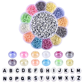 216g 12 Colors Round Glass Seed Beads, 40g Flat Round with Letter Acrylic Beads and 2 Rolls Elastic Stretch Thread, for DIY Stretch Bracelets Making Kits, Black, 4mm, Hole: 1.5mm, 18g/color, about 178pcs/18g