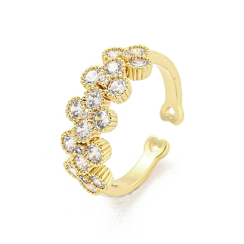 Brass Micro Pave Cubic Zirconia Cuff Rings, Flower Open Rings for Women, Long-Lasting Plated, Golden, Adjustable