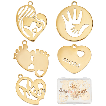 10Pcs 5 Style Mother's Day 304 Stainless Steel Pendants, Heart with Woman & Child & Flat Round with Palm, Real 18K Gold Plated, 18~25x17~21.5x1.5mm, Hole: 1.6~2mm, 2pcs/style