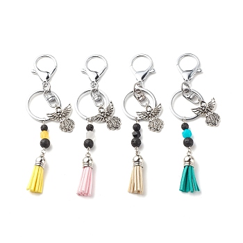 Angel Alloy Pendant Keychain, with Natural Jade & Lava Rock Beads, Faux Suede Tassel, Alloy & Iron & 304 Stainless Steel Findings, Mixed Color, 13.3~13.5cm