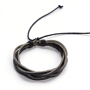 Adjustable Twine Style Leather Cord Bracelets, Black, 50x55mm