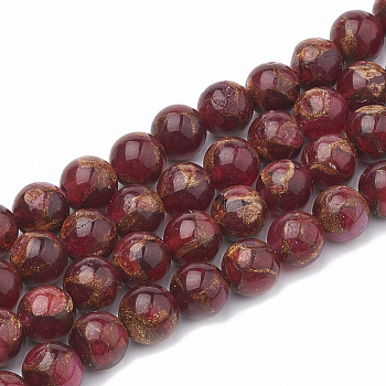 Natural Chalcedony Beads Strands, Imitation Gold Clinquant Stone, Dyed & Heated, Round, Red, 6~7mm, Hole: 1mm, about 60~67pcs/strand, 15.7 inch