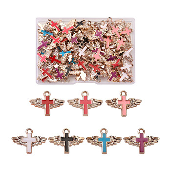 Plastic Enamel Pendants, for Religion, Cross with Wings, Light Gold, Mixed Color, 22x30mm, hole: 3mm, 7 colors, 10pcs/color, 70pcs/box