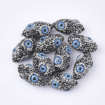 Handmade Polymer Clay Rhinestone Beads, with Resin, Oval with Evil Eye, Black, 26.5~27.5x14~15mm, Hole: 1.2mm