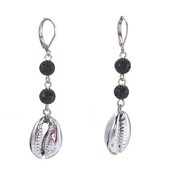 Natural Lava Rock Leverback Earrings, Faceted, with Sea Shell Beads, Iron Eye Pin and Brass Leverback Earring Findings, 57~60mm, Pendant: 18~19x13~13.5x6~7mm
