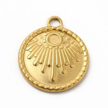 304 Stainless Steel Pendants, Flat Round with Sunshine Charms, Golden, 21.5x18.5x2mm, Hole: 2.6mm