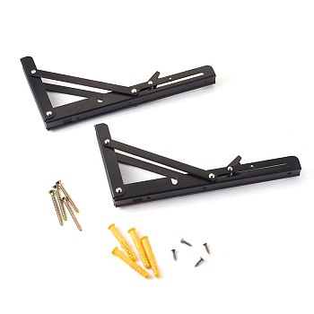 Iron Folding Shelf Brackets, with Plastic Plus & Iron Screws, Black, 1.6~25x0.65~3.7x0.65~2.3cm, 20pcs/set