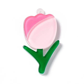 Acrylic Pendants, Flower/Tulip Charms, Pink, 38x20x4.3mm, Hole: 1.6mm