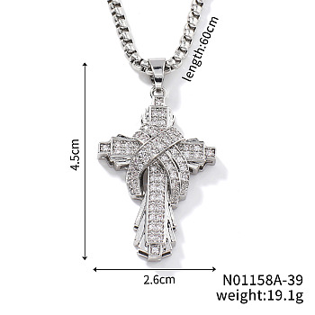 Brass Clear Cubic Zirconia Cross Pendant Box Chain Necklaces Fashionable and Versatile Jewelry Accessory, Platinum, 23.62 inch(60cm)