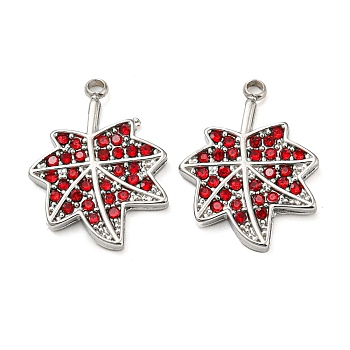 304 Stainless Steel Pendants, with Siam Rhinestone, Leaf Charms, Stainless Steel Color, 18x13.5x2mm, Hole: 1.6mm